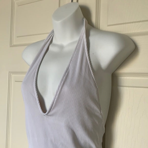 Aerie White Ribbed V Neck Deep Plunge Low Back Swimsuit - Picture 3 of 9